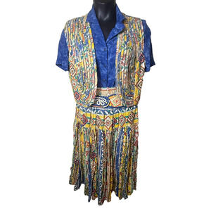 Howard Wolf Vtg 4 Pc Crinkle Skirt Set Vest Belt Rayon Sz 10 Funky Boho Artsy
